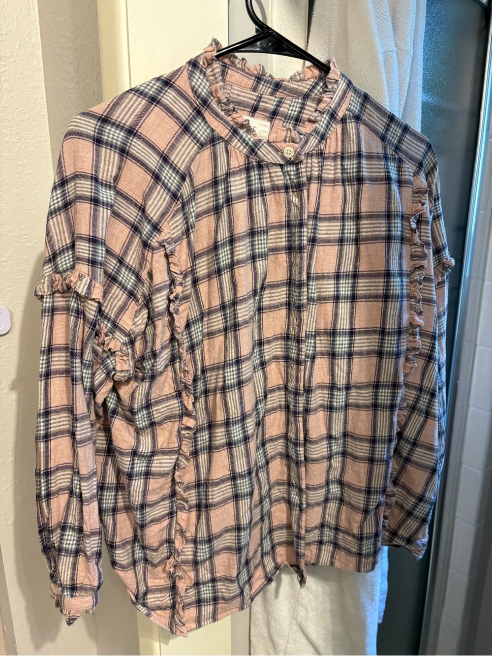 THE GREAT. Light Pink Blue Plaid Ruffled Cotton Long Sleeve Flannel Top 1 Small